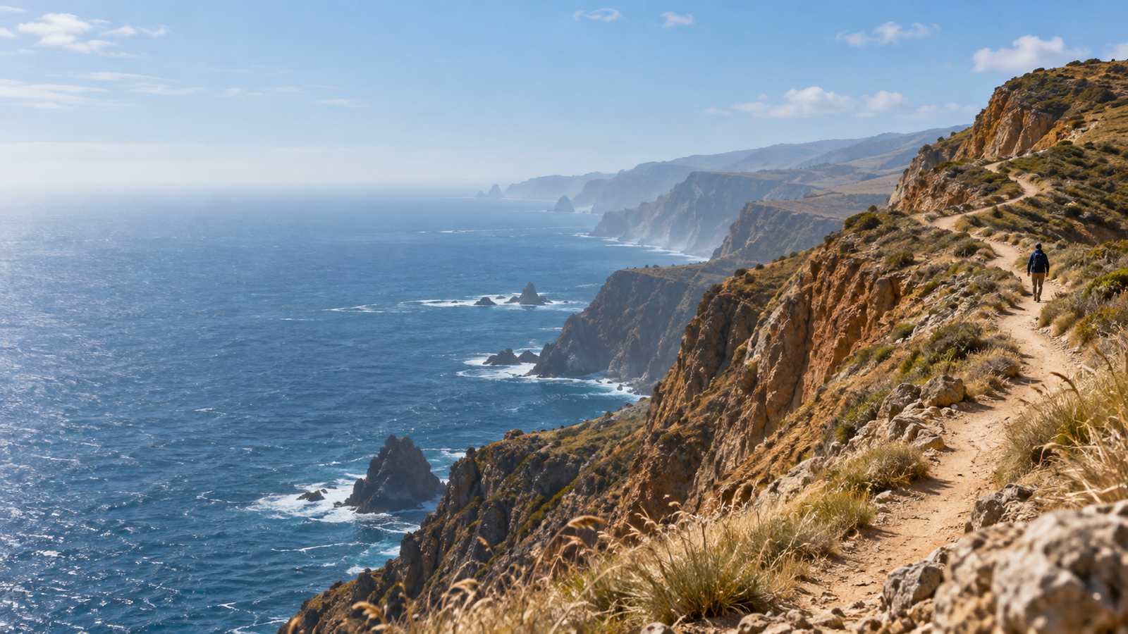 Coastal walking trail across ochre cliffs above an indigo sea, with a distant walker